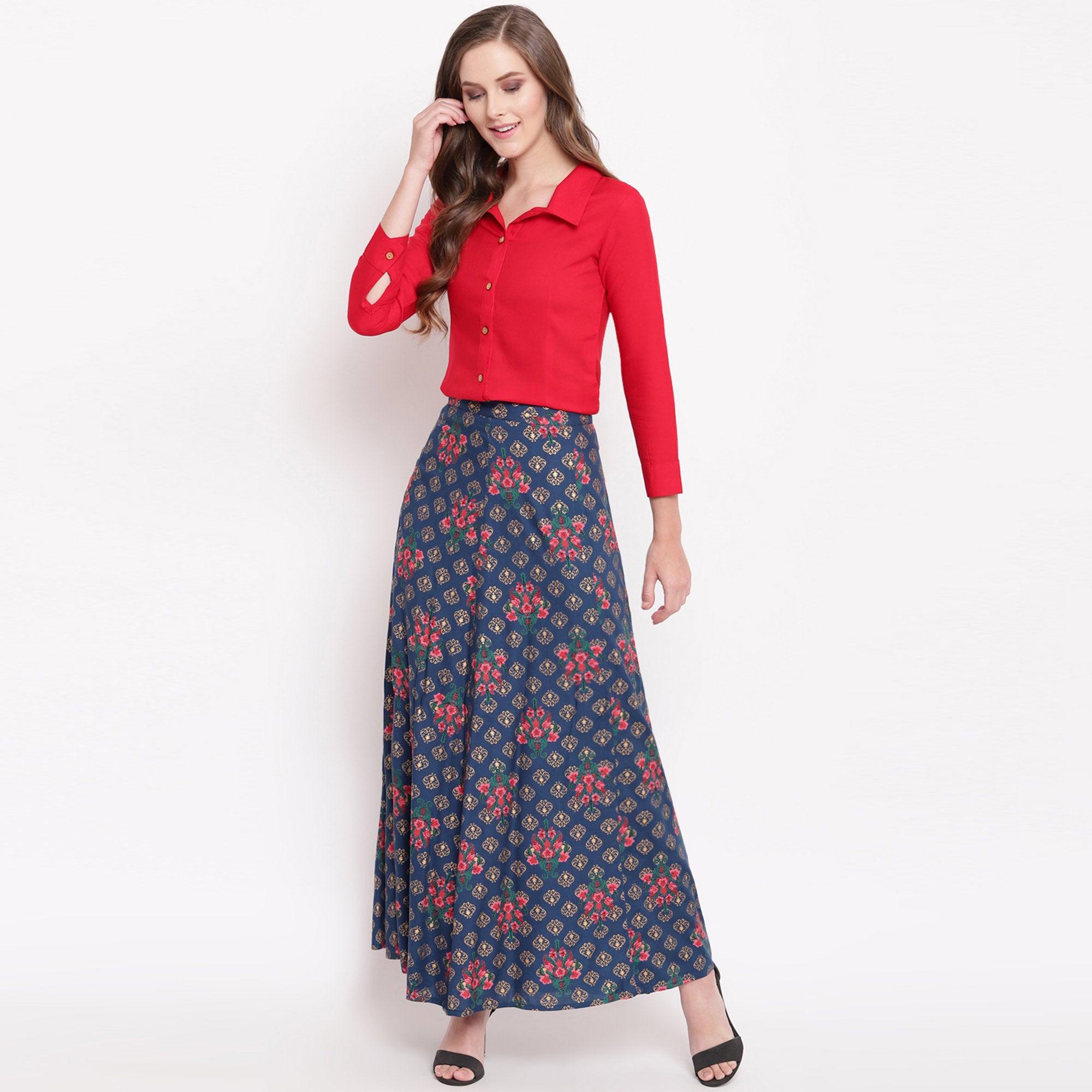 Red-Blue Floral Printed Rayon Shirt-Skirt Set - Peachmode
