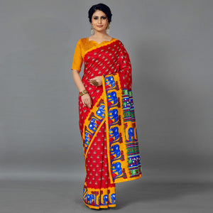 Red Casual Art Silk Printed Saree With Unstitched Blouse - Peachmode