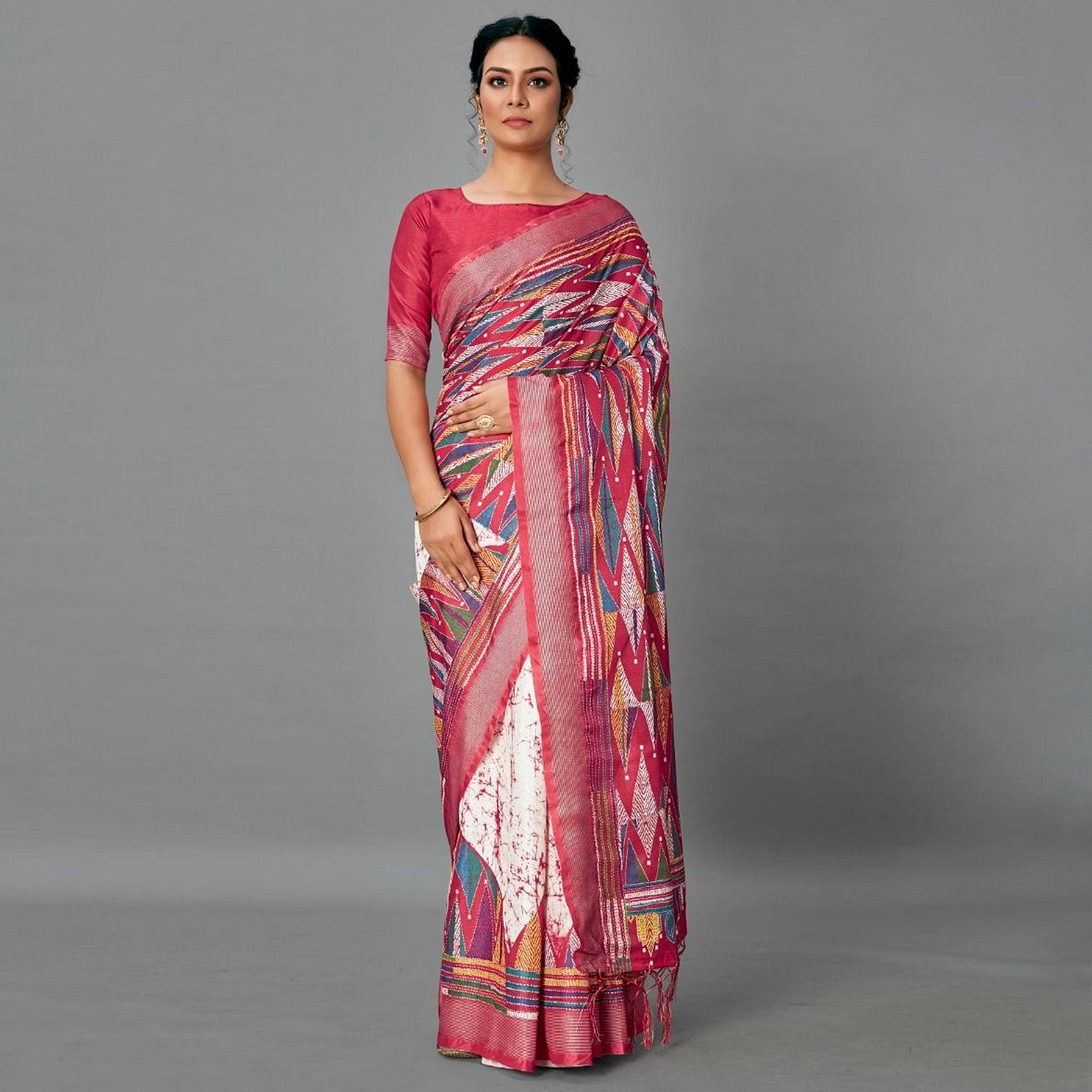 Red Casual Art Silk Printed Saree With Unstitched Blouse - Peachmode