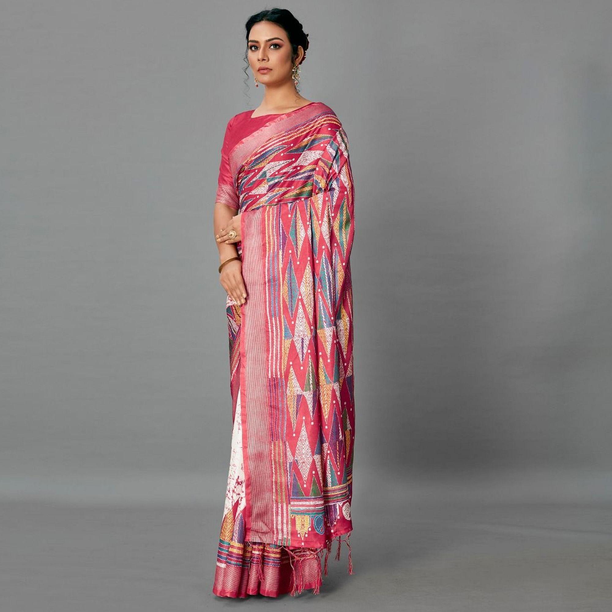 Red Casual Art Silk Printed Saree With Unstitched Blouse - Peachmode