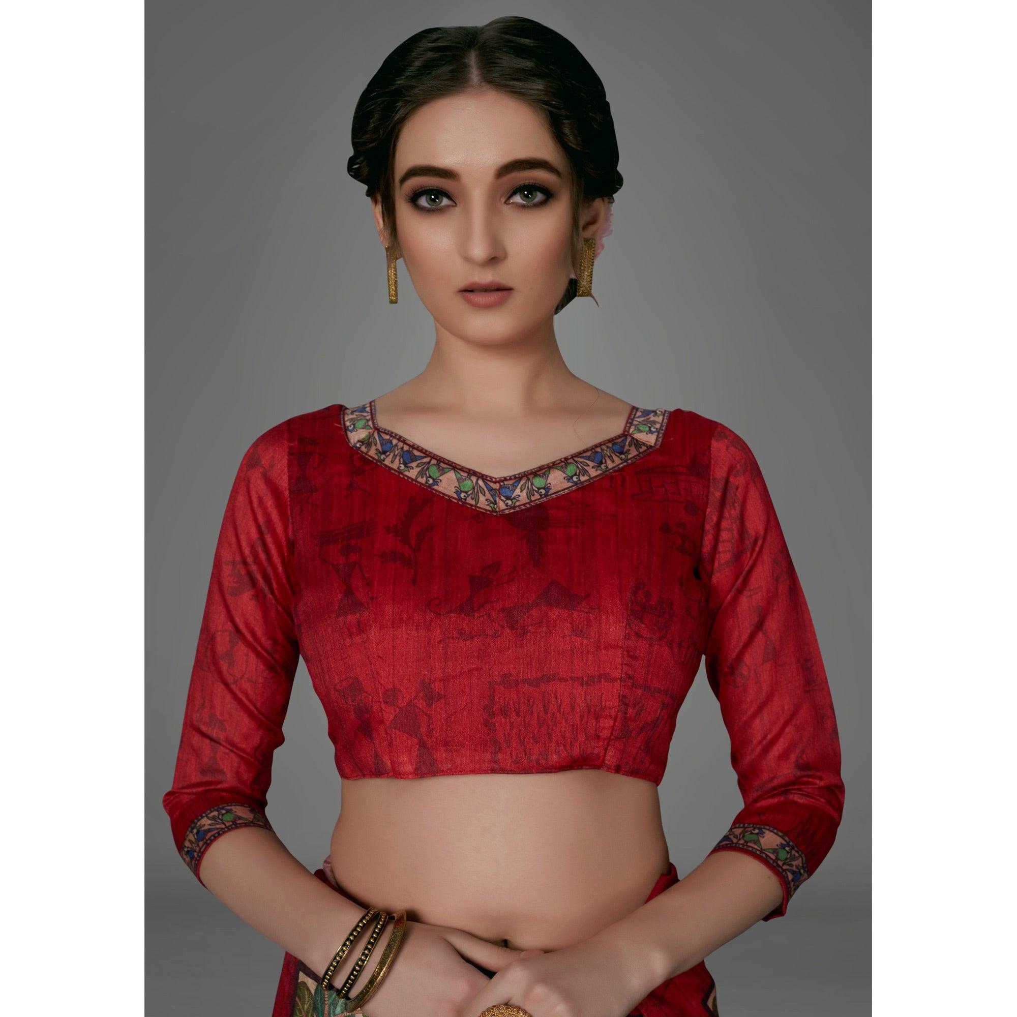 Red Casual Art Silk Printed Saree With Unstitched Blouse - Peachmode