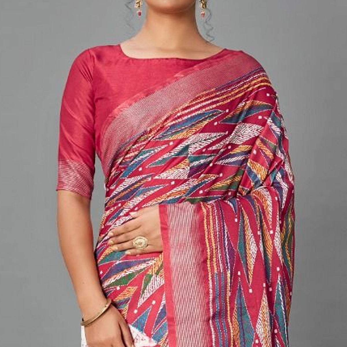 Red Casual Art Silk Printed Saree With Unstitched Blouse - Peachmode