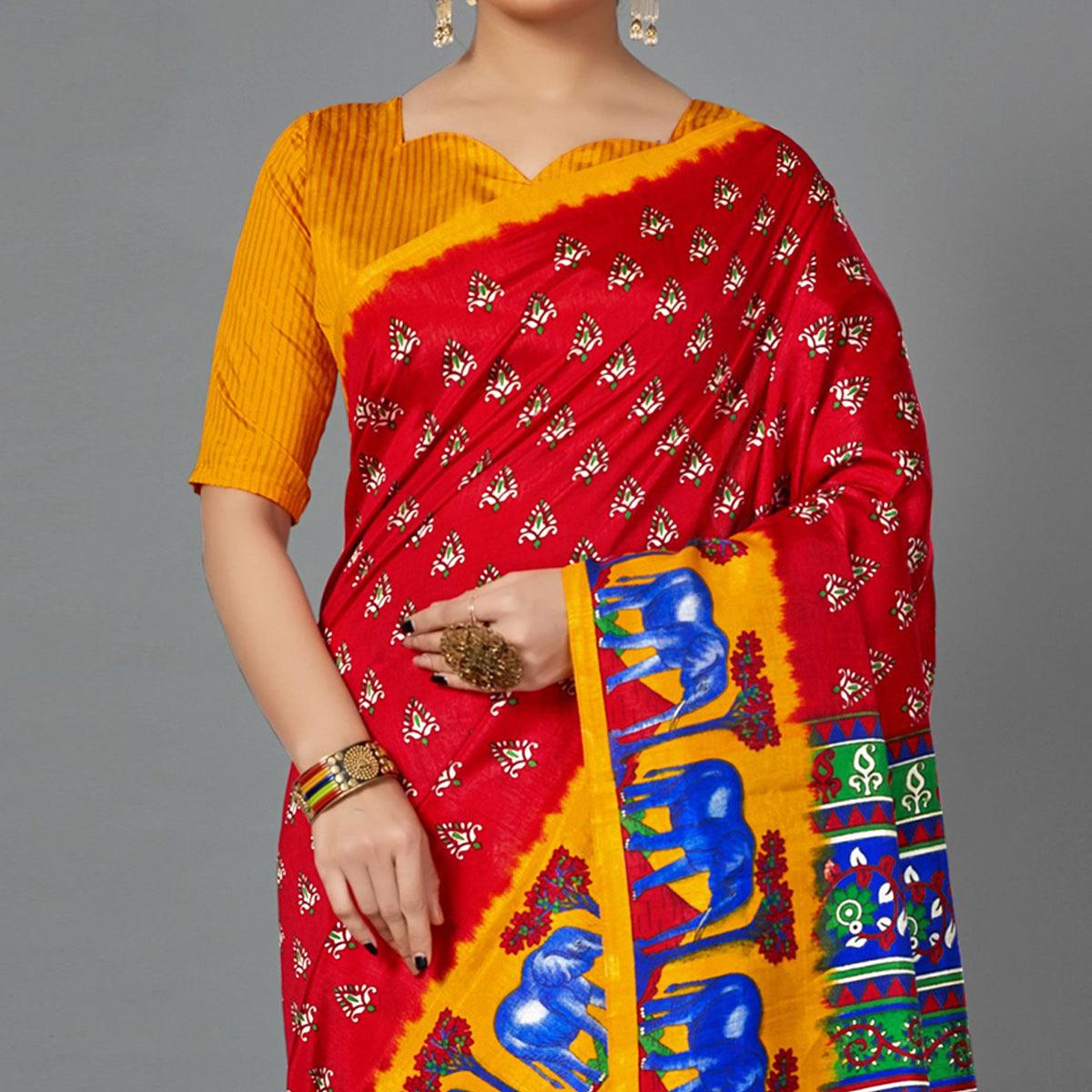 Red Casual Art Silk Printed Saree With Unstitched Blouse - Peachmode