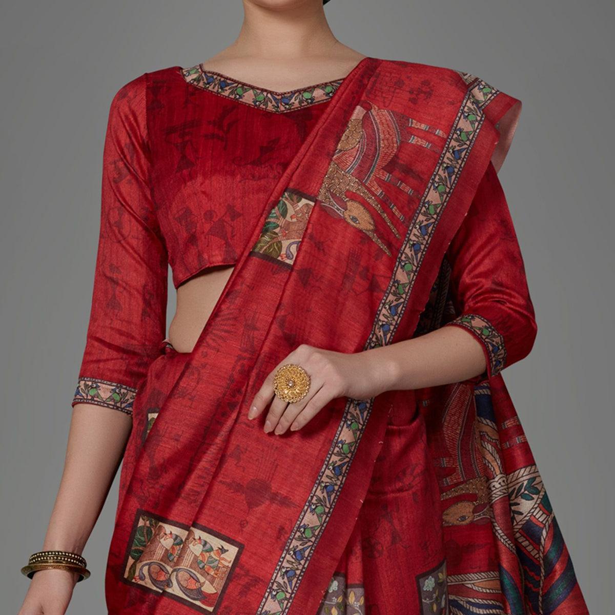 Red Casual Art Silk Printed Saree With Unstitched Blouse - Peachmode