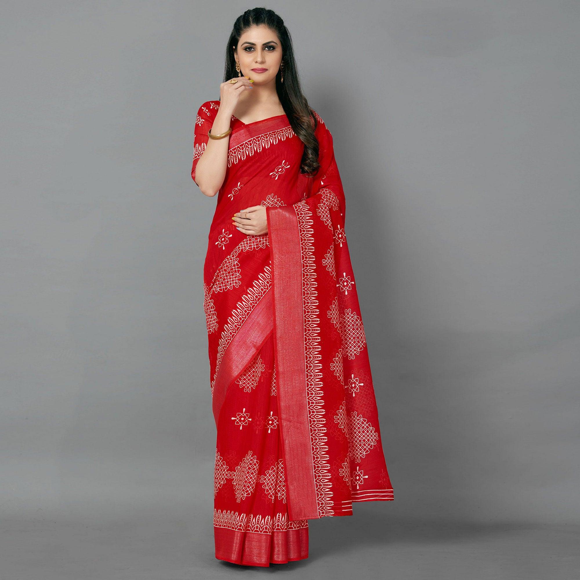 Red Casual Cotton Printed Saree With Unstitched Blouse - Peachmode