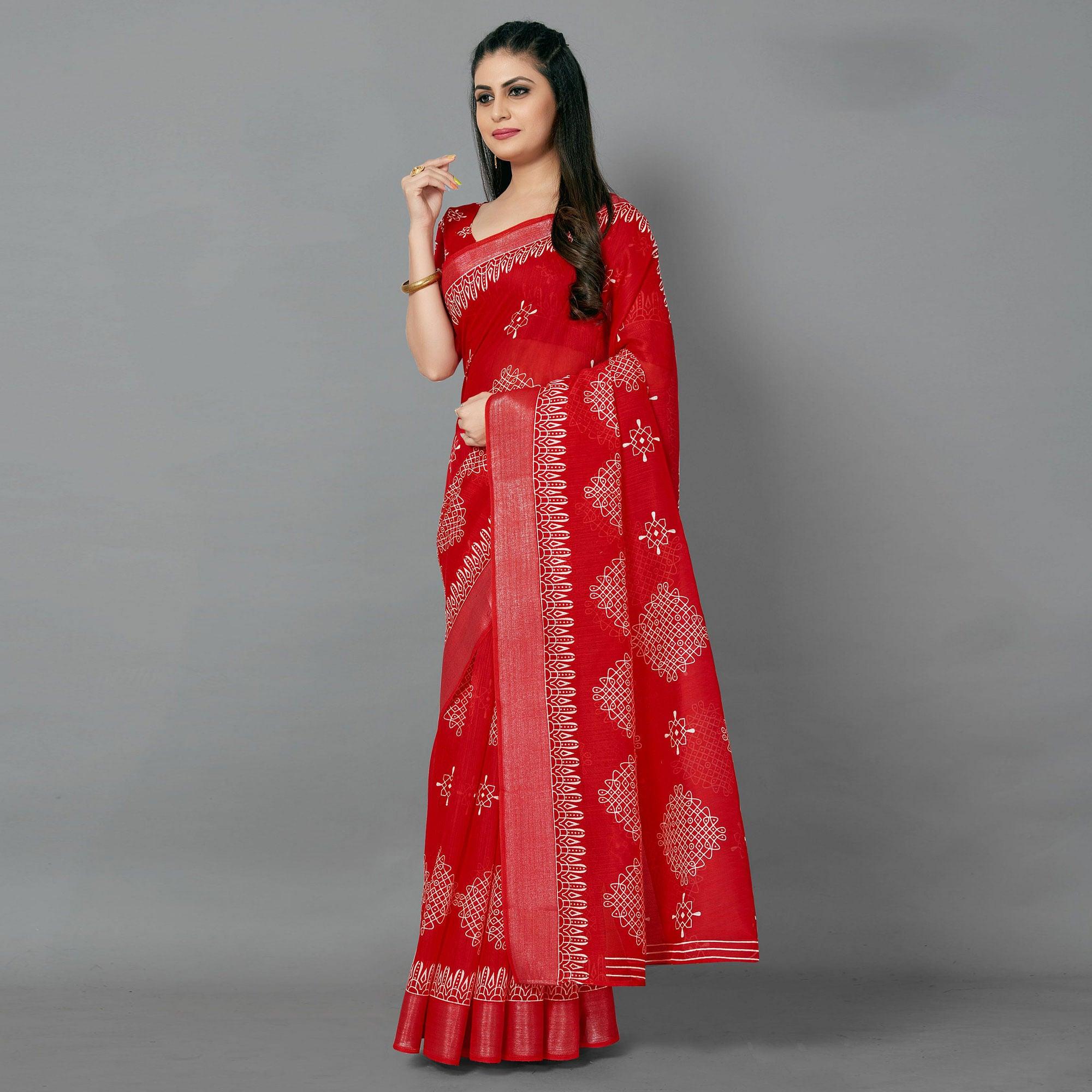 Red Casual Cotton Printed Saree With Unstitched Blouse - Peachmode