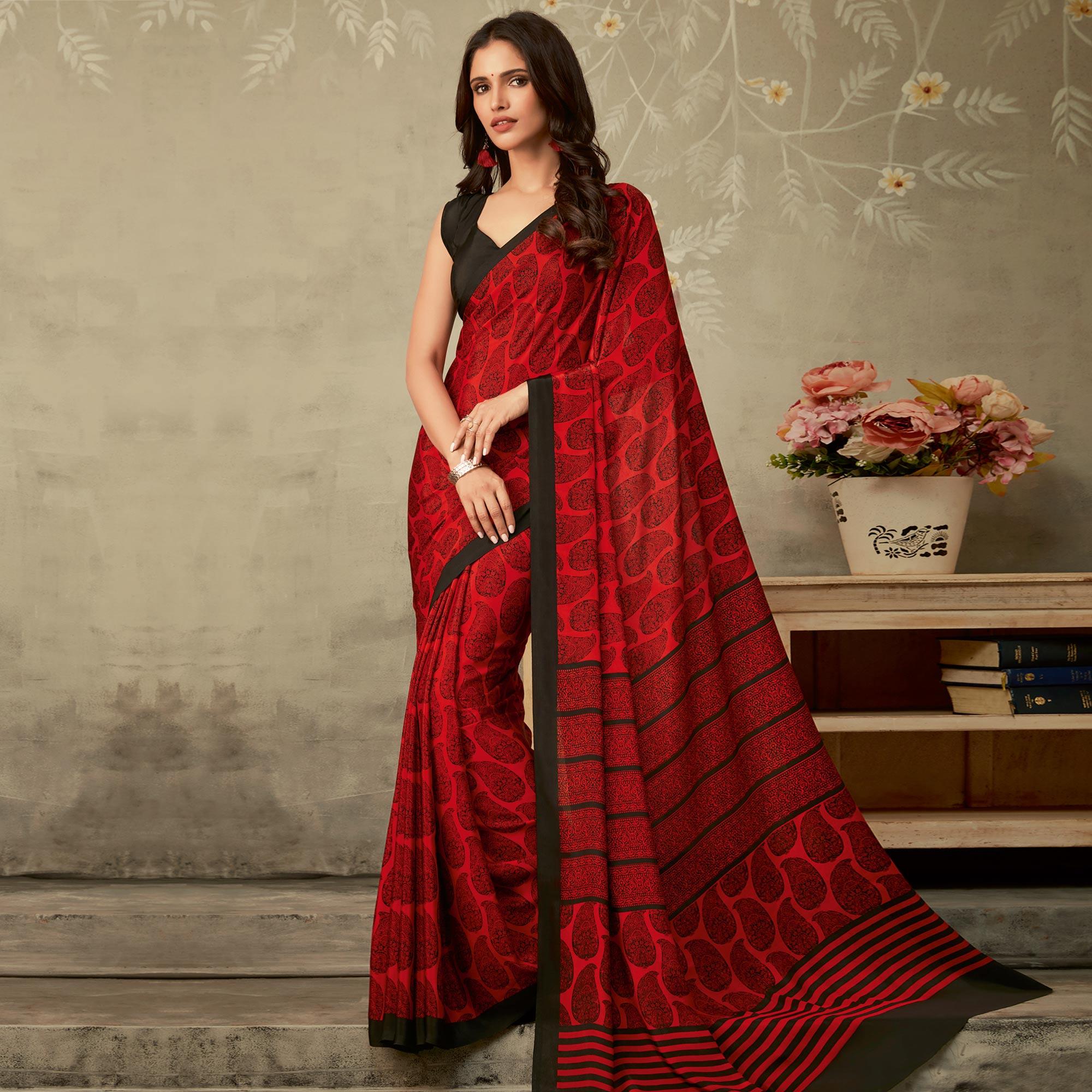 Red Casual Printed Crepe Saree - Peachmode