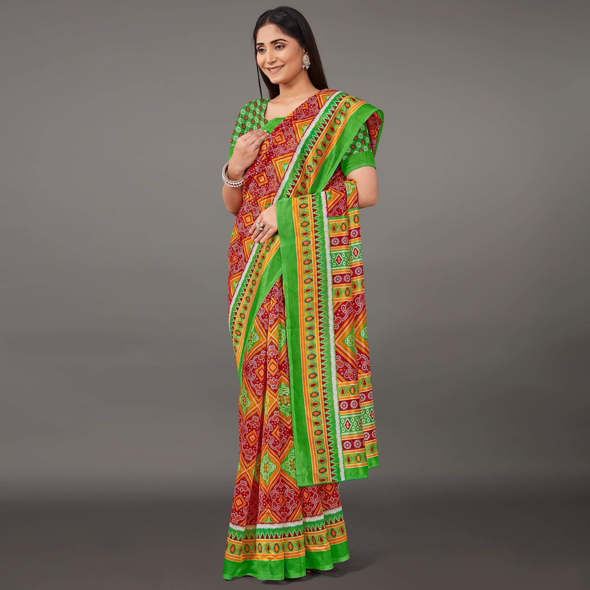Red Casual Wear Bandhani Printed Art Silk Saree - Peachmode