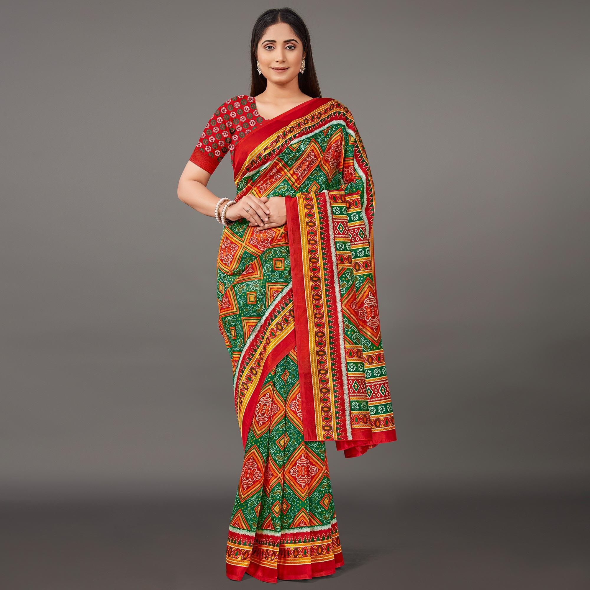Red Casual Wear Bandhani Printed Art Silk Saree - Peachmode
