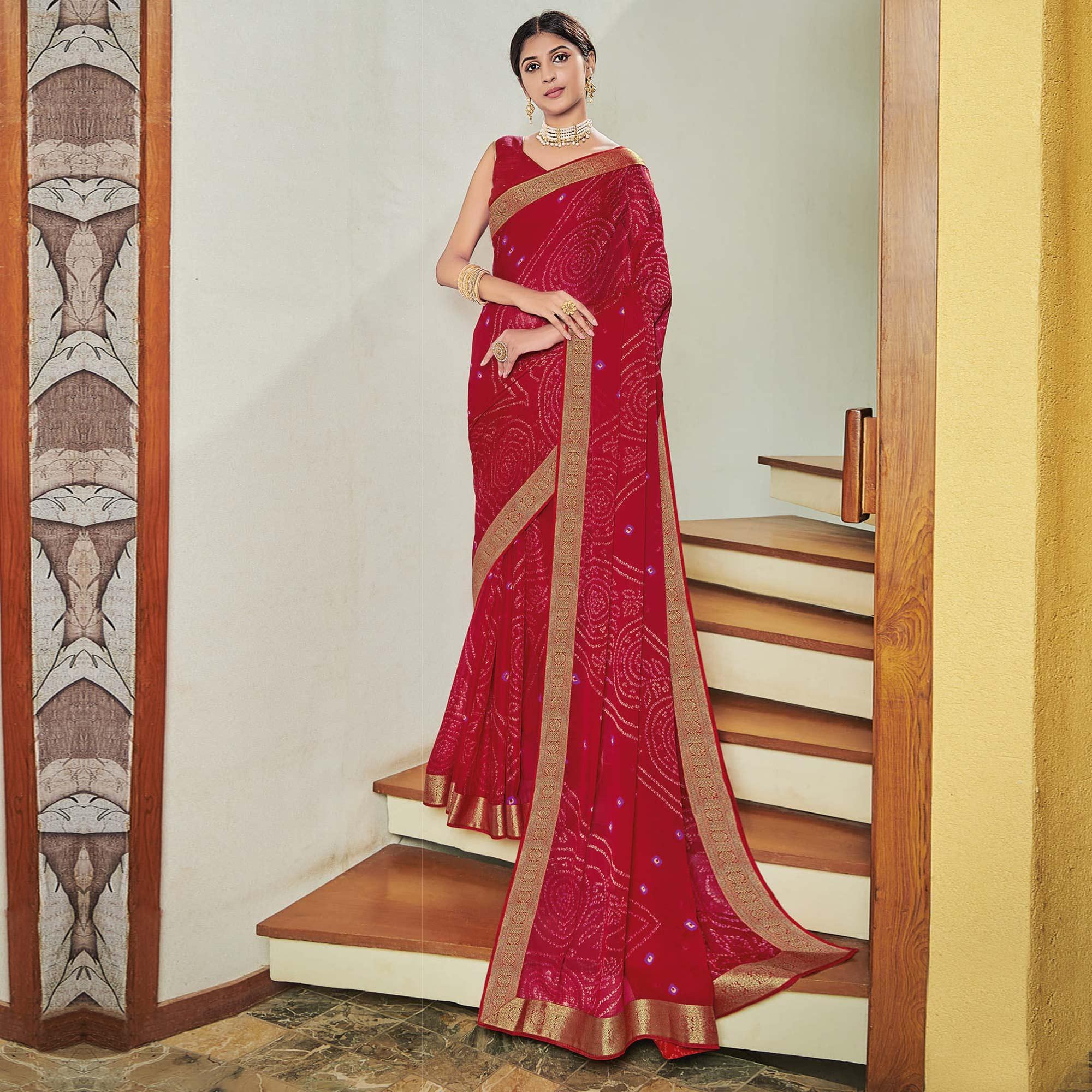 Red Casual Wear Bandhani Printed Chiffon Saree - Peachmode