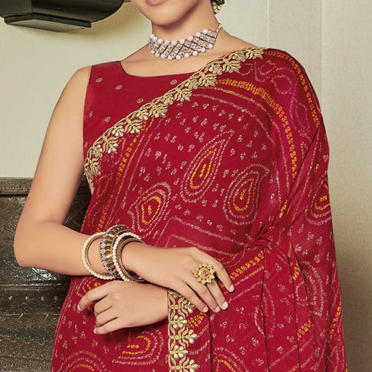 Red Casual Wear Bandhani Printed Chiffon Saree - Peachmode