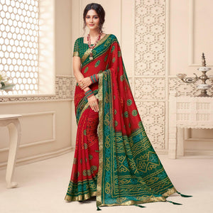 Red Casual Wear Bandhani Printed Chiffon Saree With Tassels - Peachmode