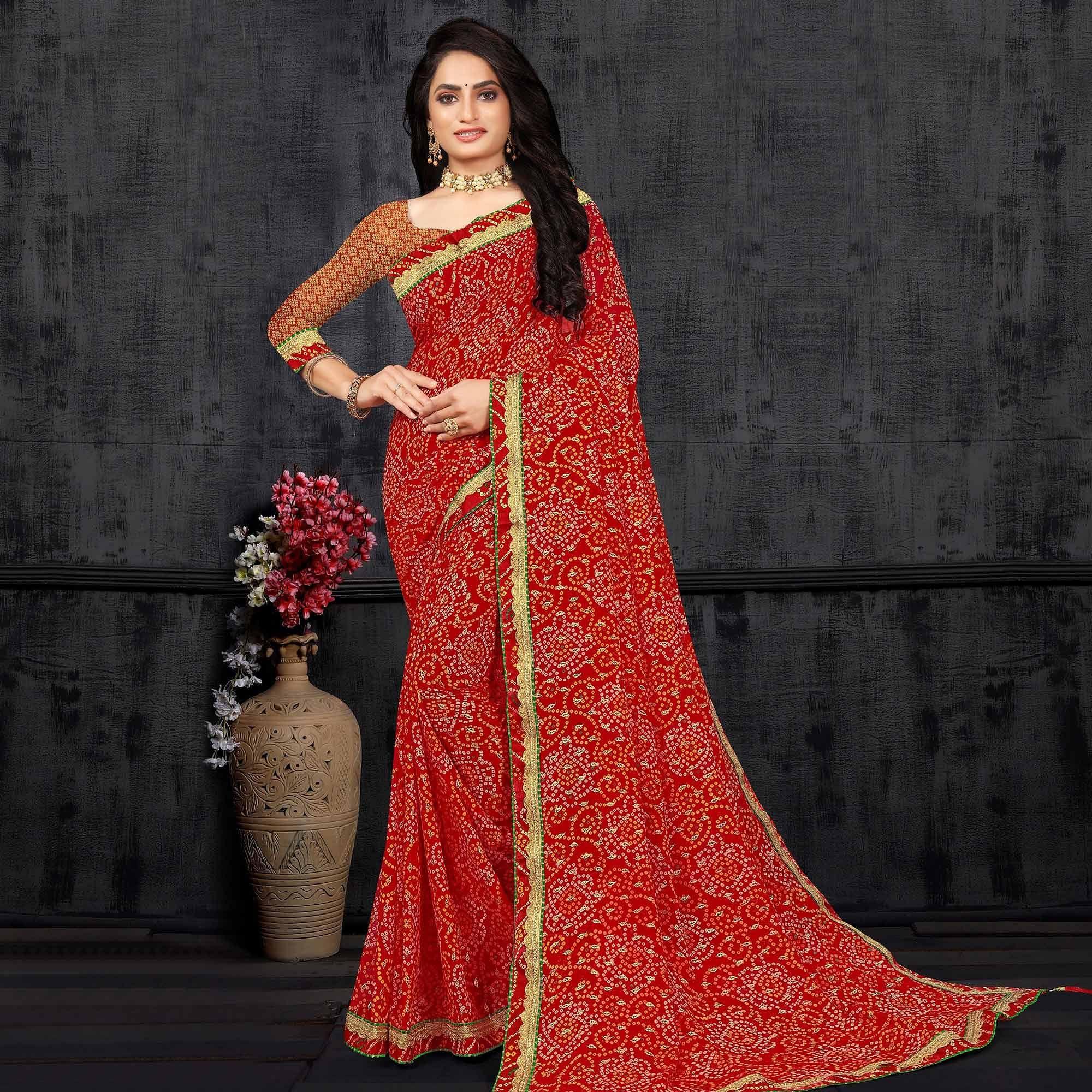 Red Casual Wear Bandhani Printed Georgette Designer Saree - Peachmode