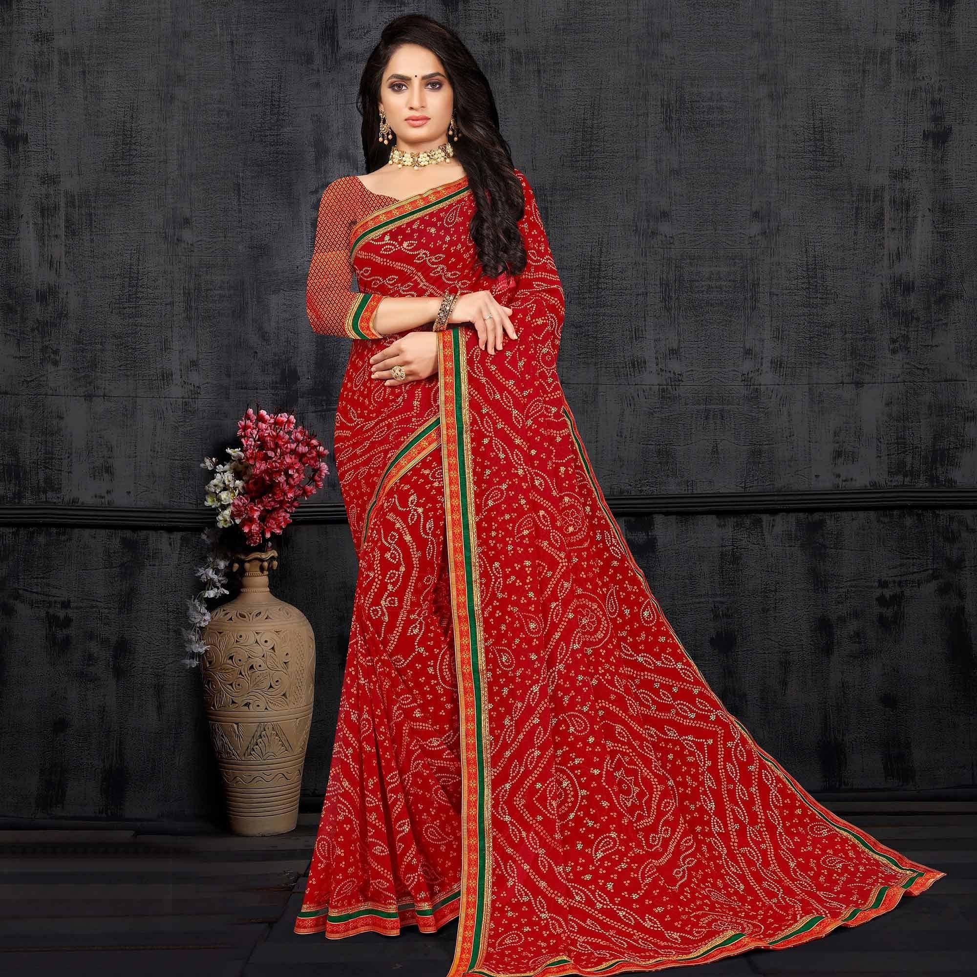 Red Casual Wear Bandhani Printed Georgette Designer Saree - Peachmode