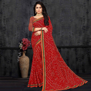 Red Casual Wear Bandhani Printed Georgette Designer Saree - Peachmode
