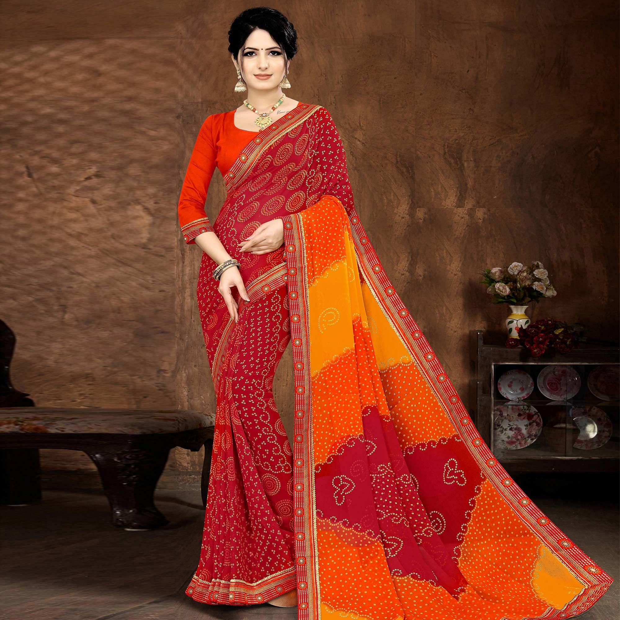 Red Casual Wear Bandhani Printed Georgette Designer Saree - Peachmode