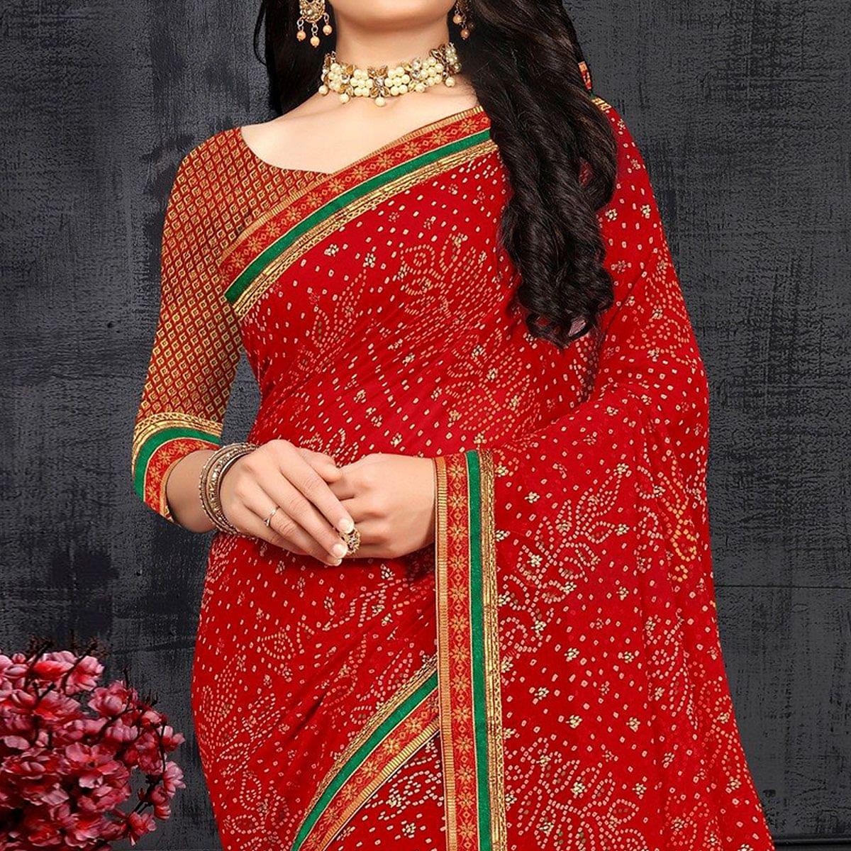 Red Casual Wear Bandhani Printed Georgette Designer Saree - Peachmode