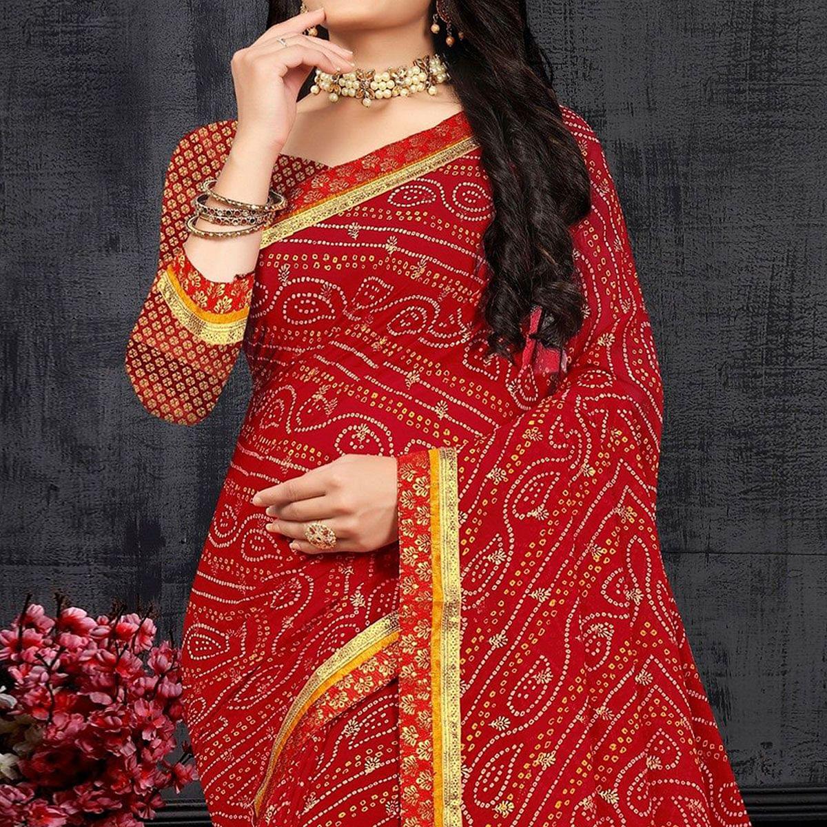 Red Casual Wear Bandhani Printed Georgette Designer Saree - Peachmode