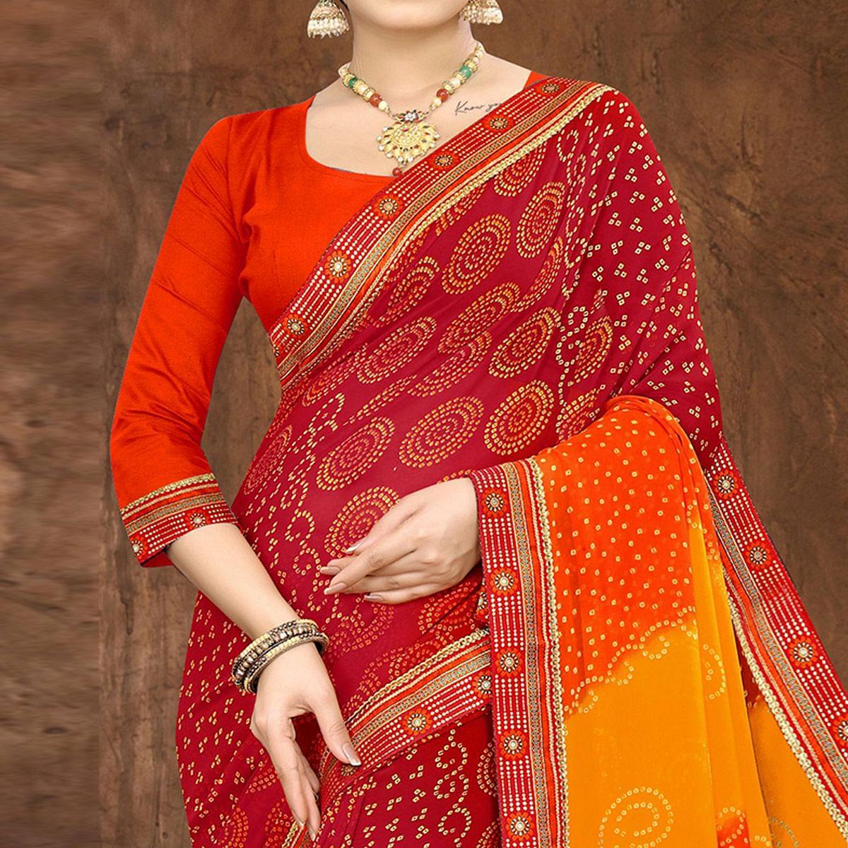 Red Casual Wear Bandhani Printed Georgette Designer Saree - Peachmode