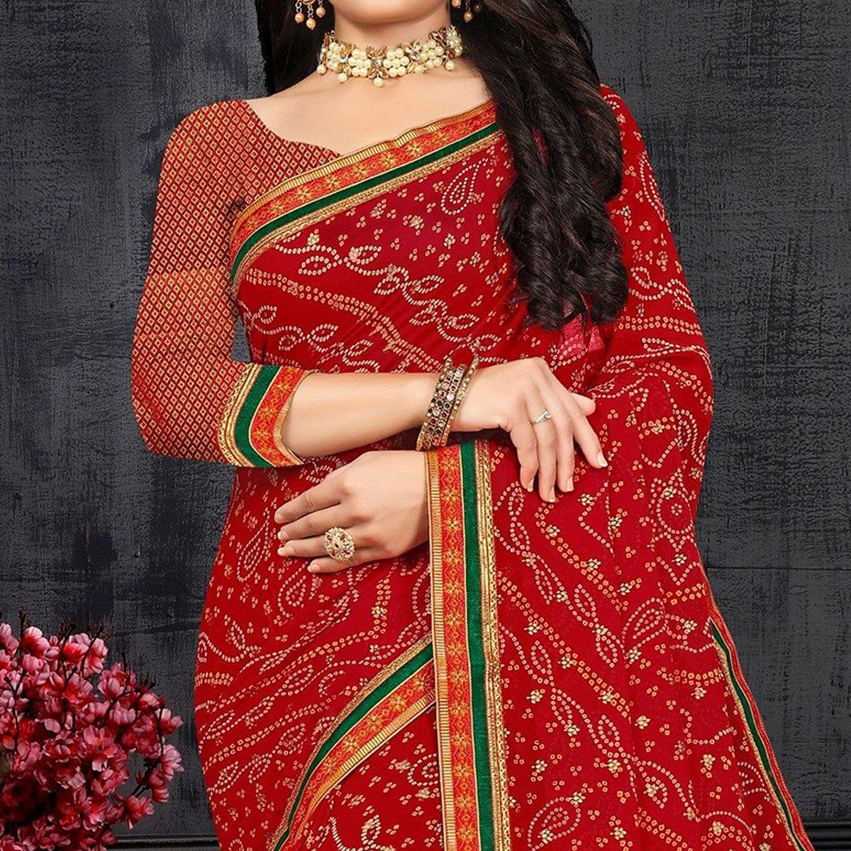 Red Casual Wear Bandhani Printed Georgette Designer Saree - Peachmode