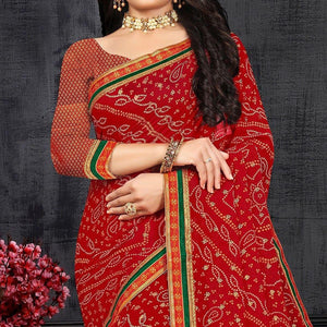Red Casual Wear Bandhani Printed Georgette Designer Saree - Peachmode