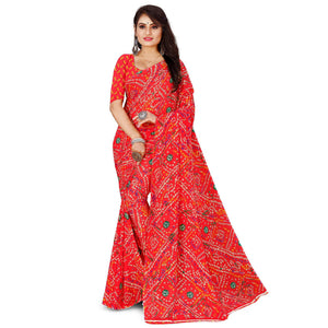 Red Casual Wear Bandhani Printed Georgette Saree - Peachmode