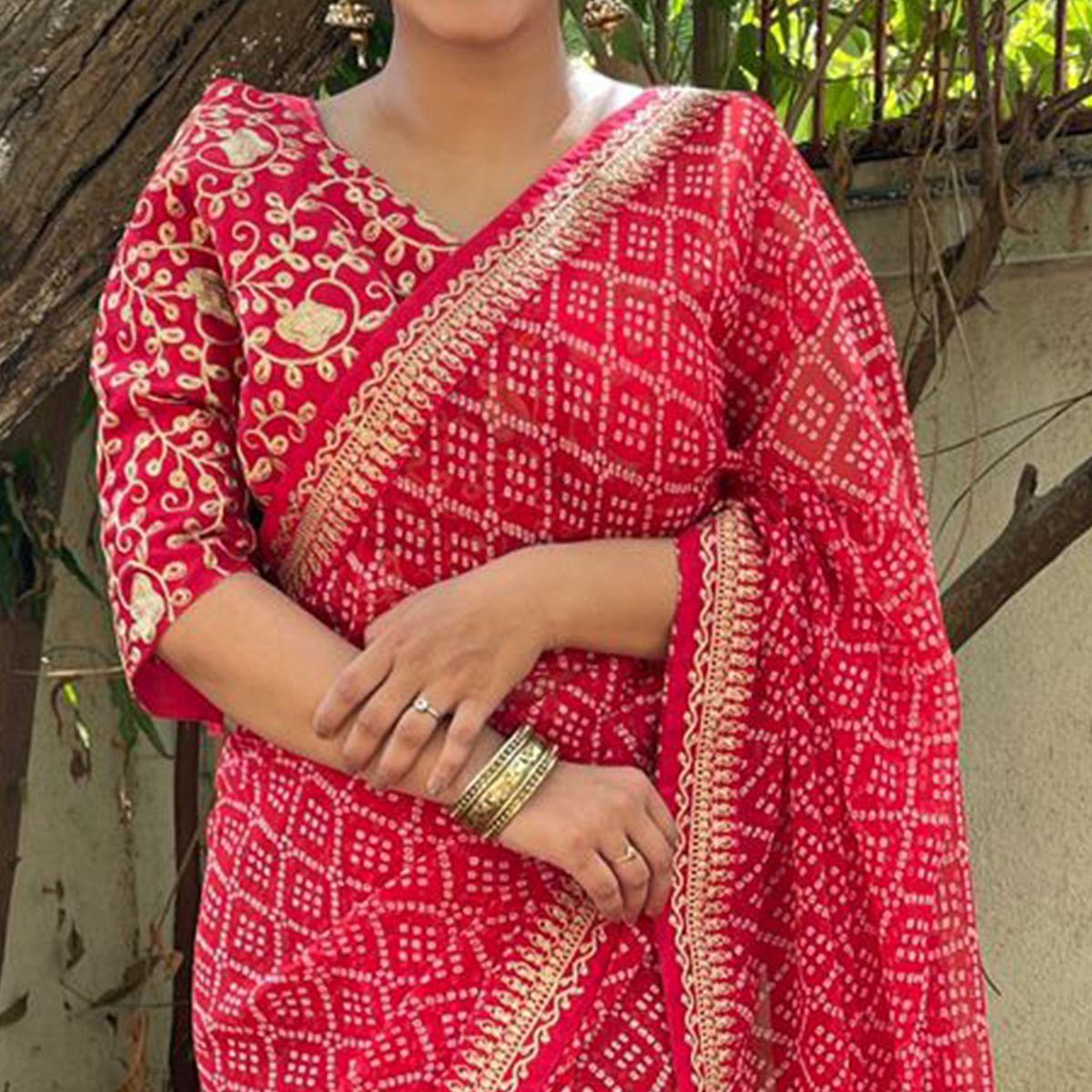 Red Casual Wear Bandhani Printed Georgette Saree - Peachmode