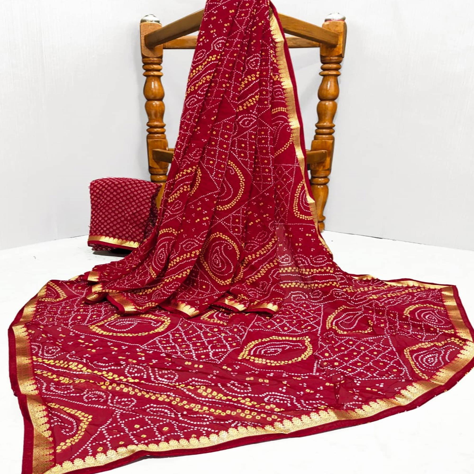 Red Casual Wear Bandhani Printed Georgette Saree With Designer Border - Peachmode