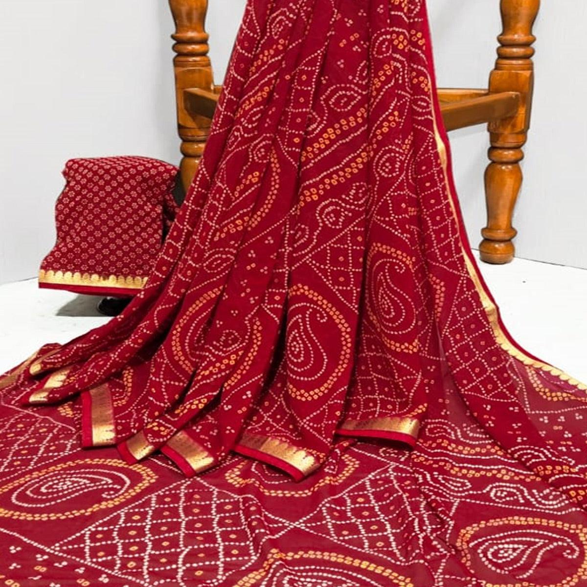 Red Casual Wear Bandhani Printed Georgette Saree With Designer Border - Peachmode