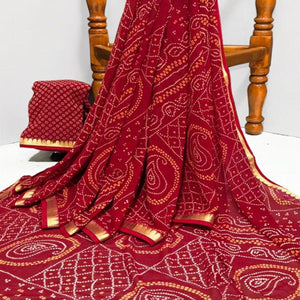 Red Casual Wear Bandhani Printed Georgette Saree With Designer Border - Peachmode