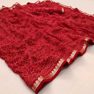 Red Casual Wear Bandhani Printed Soft Georgette Saree With Fancy Border - Peachmode