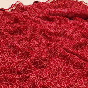 Red Casual Wear Bandhani Printed Soft Georgette Saree With Fancy Border - Peachmode