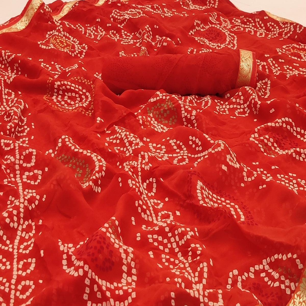 Red Casual Wear Bandhani Printed Soft Georgette Saree With Fancy Border - Peachmode