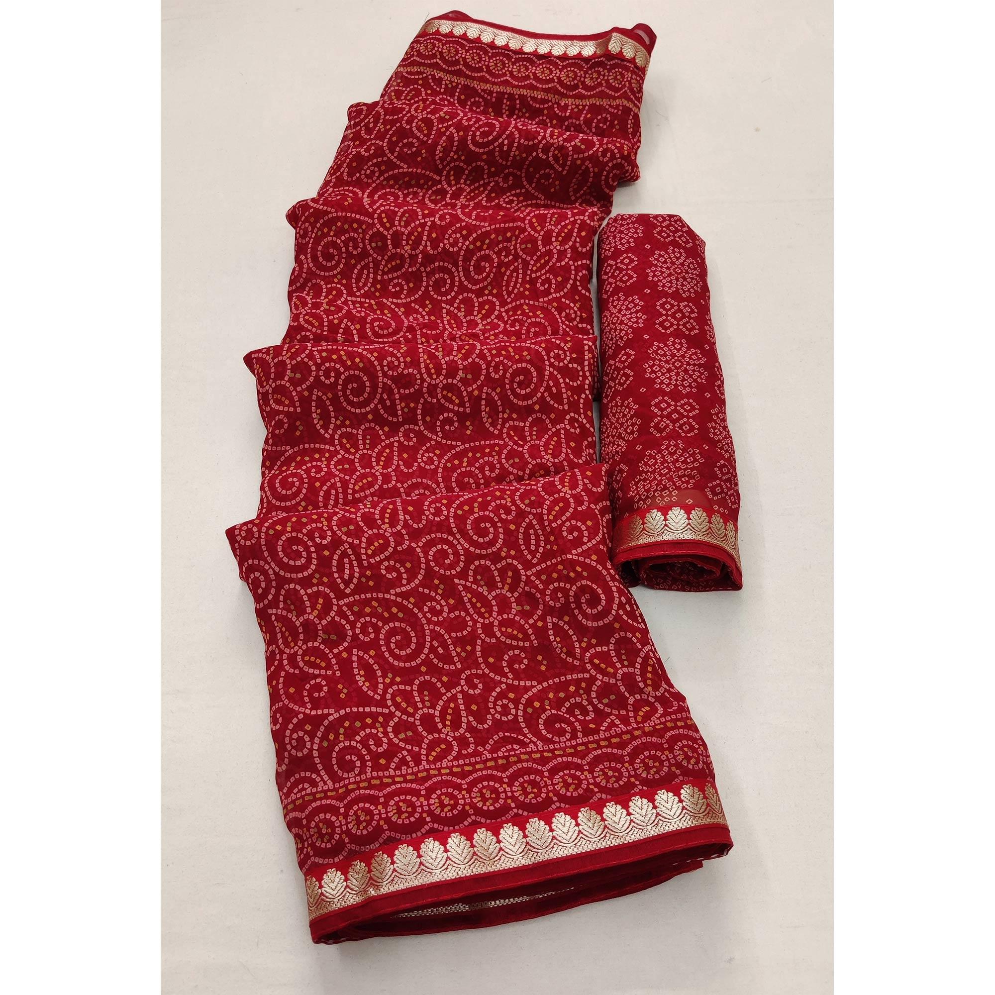 Red Casual Wear Bandhani Printed Soft Georgette Saree With Fancy Border - Peachmode