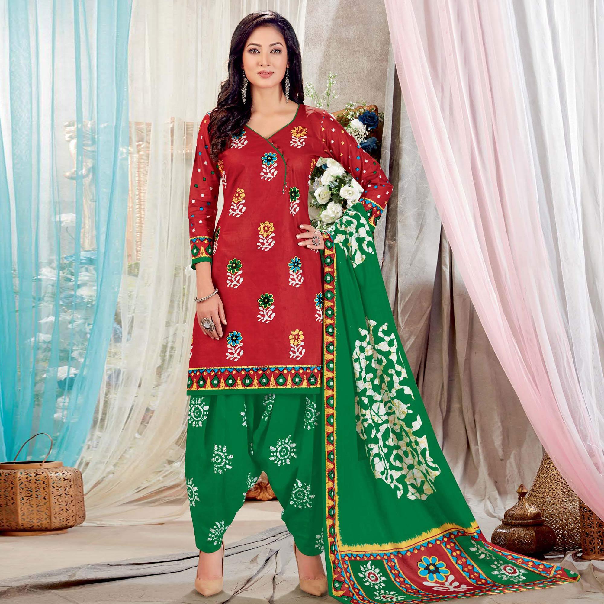 Red Casual Wear Batik Printed Cotton Patiala Dress Material - Peachmode