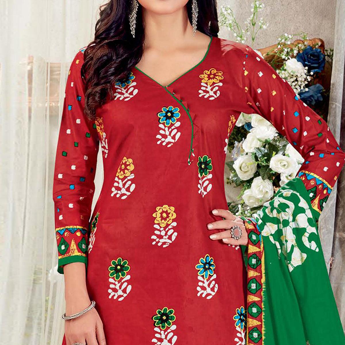 Red Casual Wear Batik Printed Cotton Patiala Dress Material - Peachmode