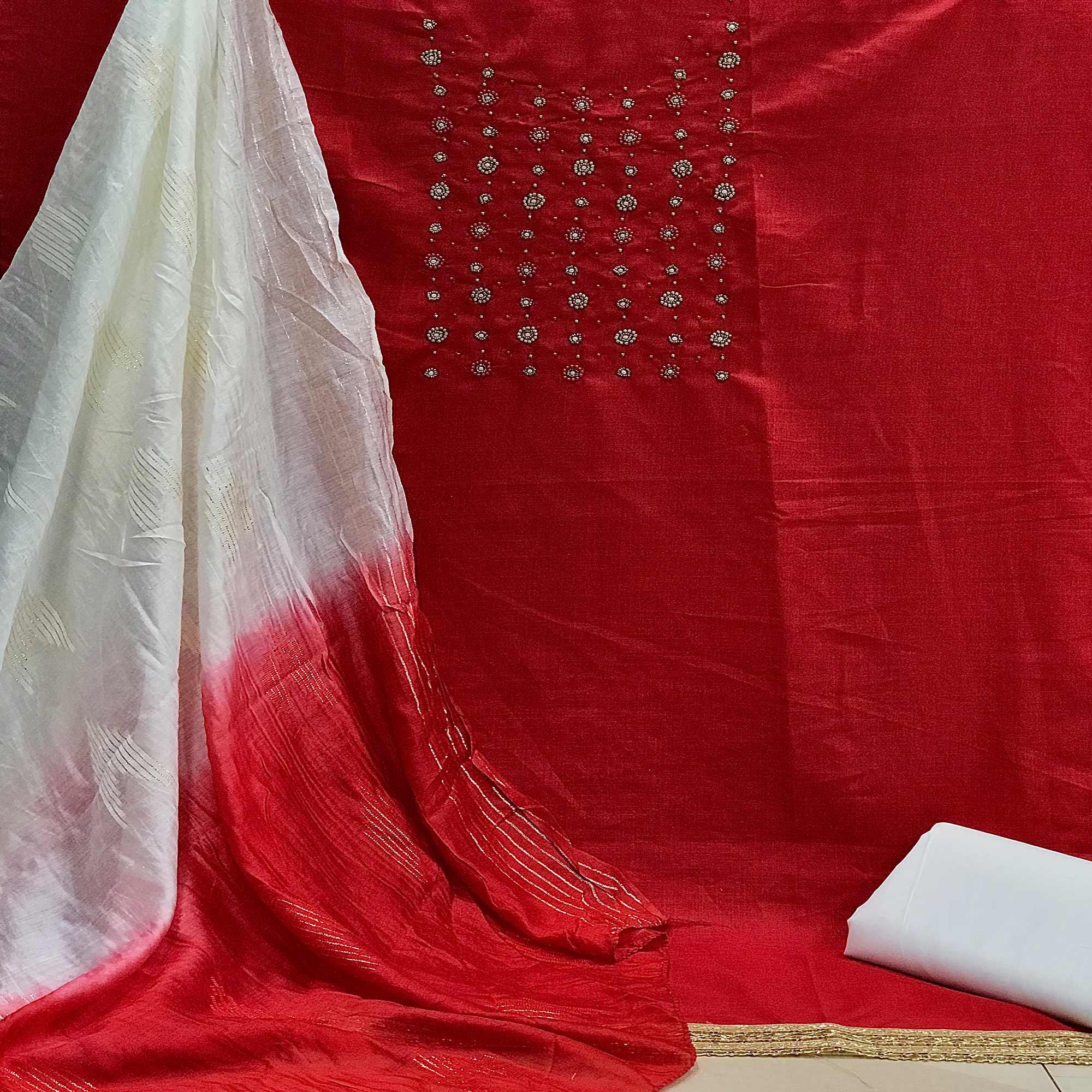 Red Casual Wear Beads Handwork Pure Cotton Dress Material - Peachmode