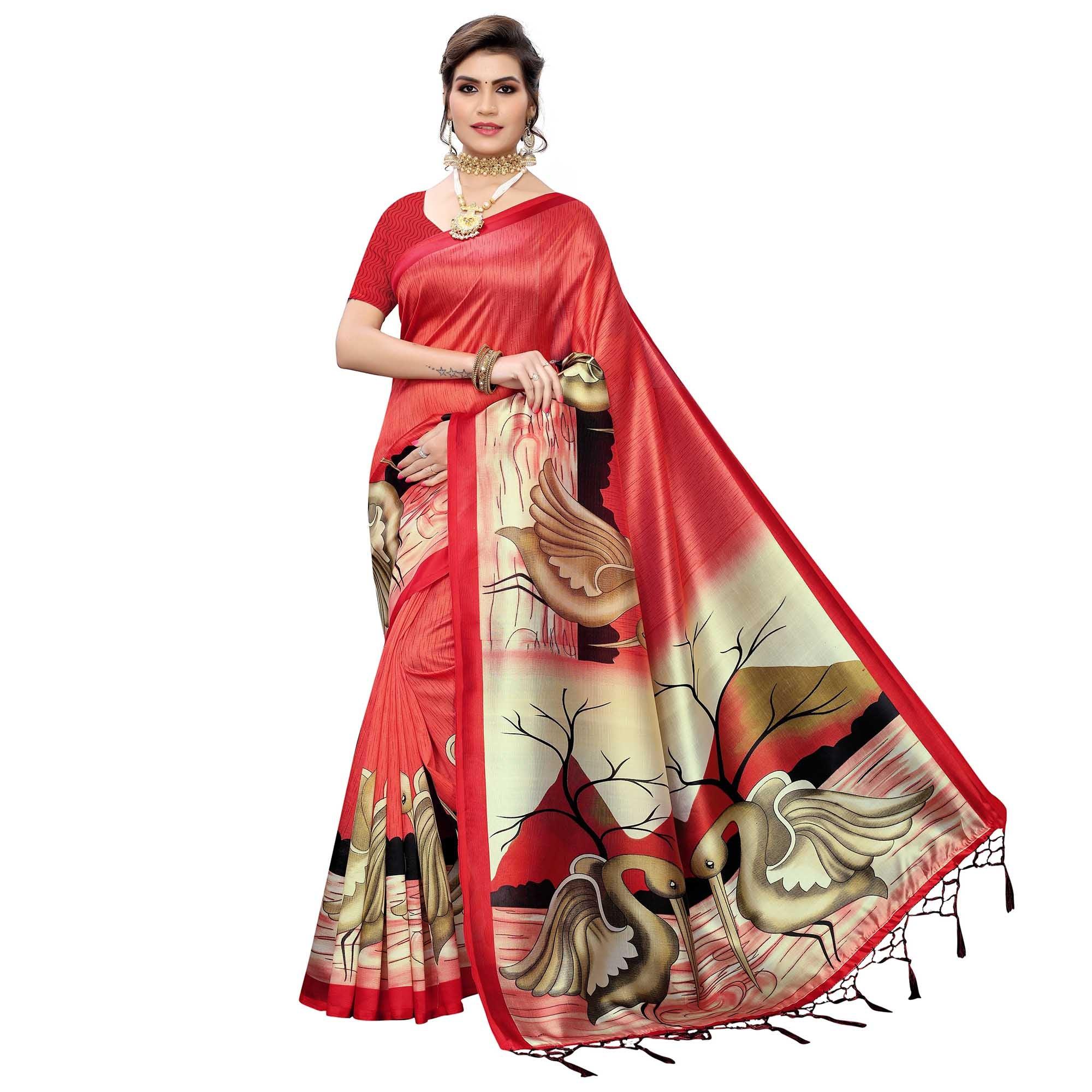 Red Casual Wear Bird Printed Art Silk Saree - Peachmode