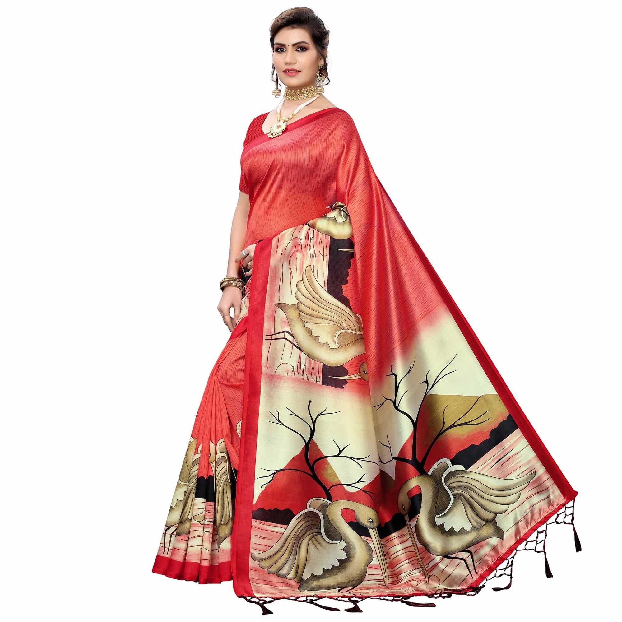 Red Casual Wear Bird Printed Art Silk Saree - Peachmode