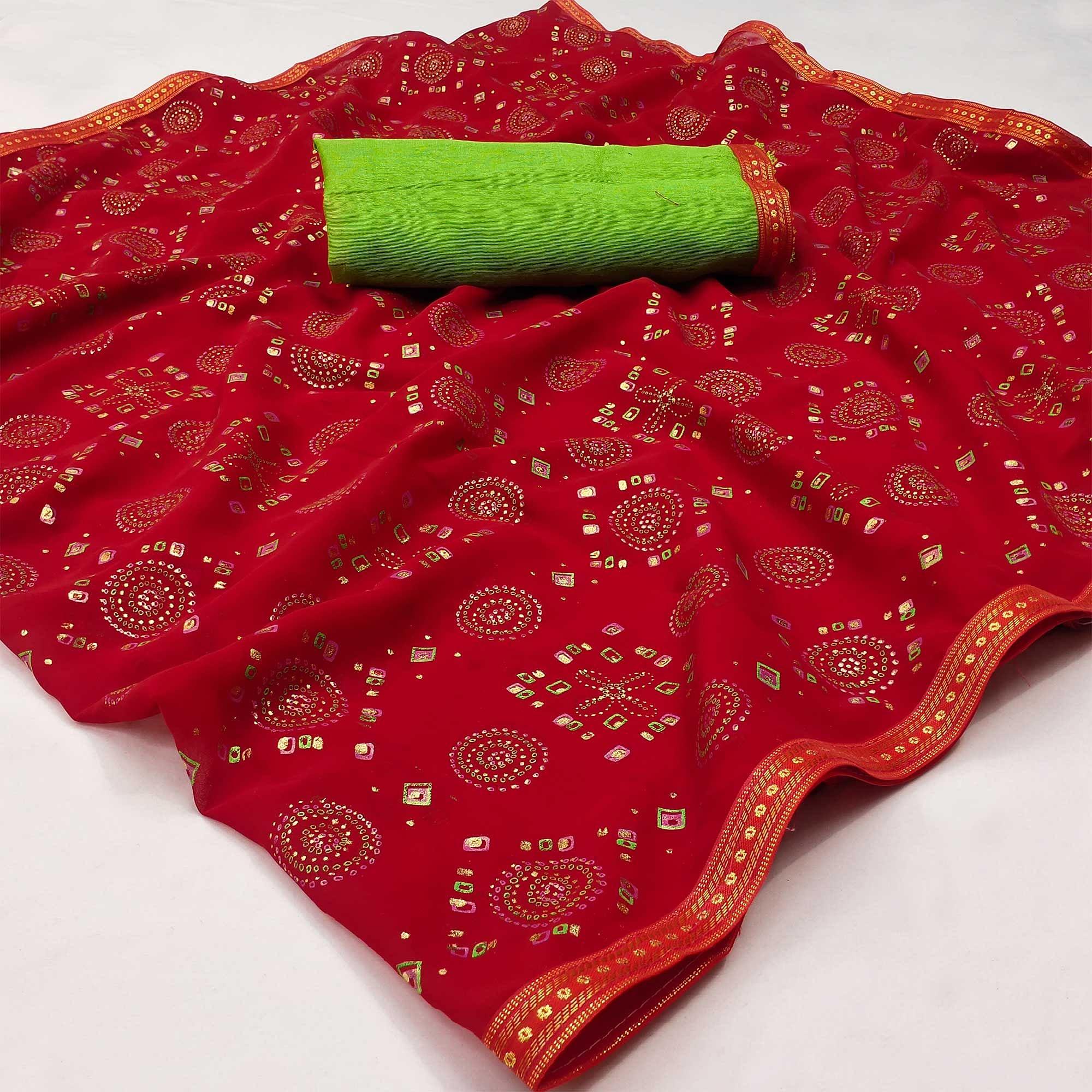 Red Casual Wear Block Printed With Foil Work Georgette Saree - Peachmode