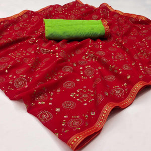 Red Casual Wear Block Printed With Foil Work Georgette Saree - Peachmode