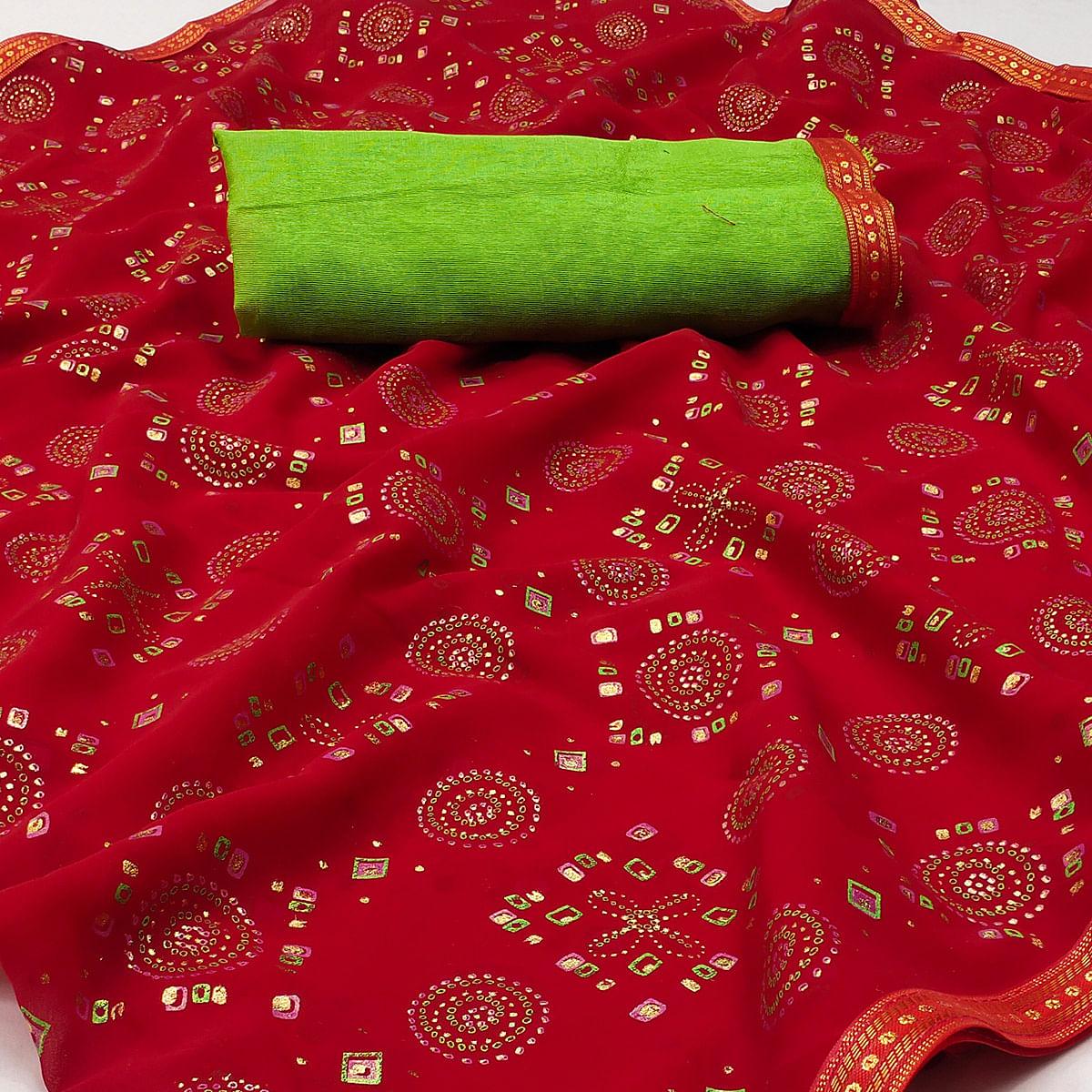 Red Casual Wear Block Printed With Foil Work Georgette Saree - Peachmode