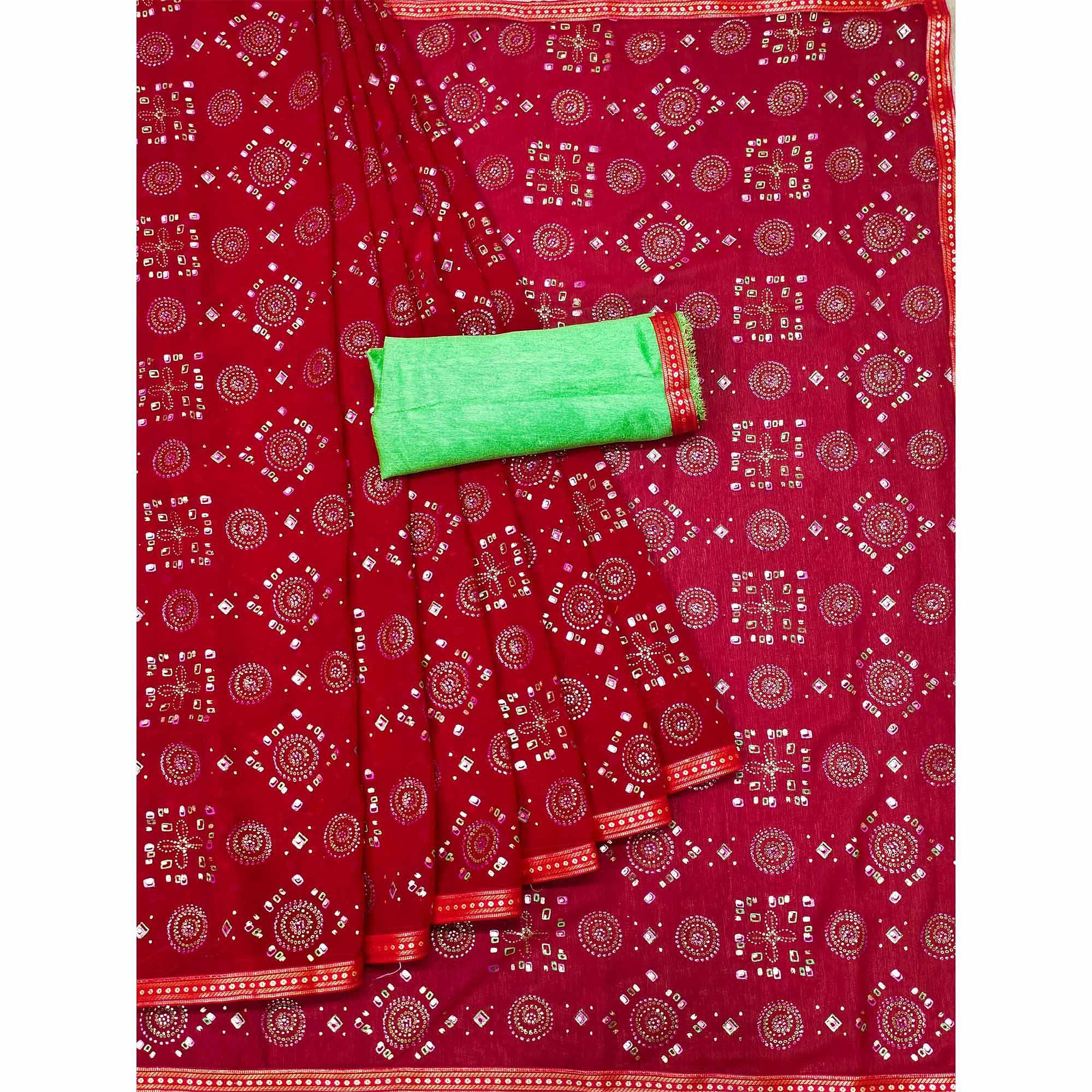 Red Casual Wear Block Printed With Foil Work Georgette Saree - Peachmode