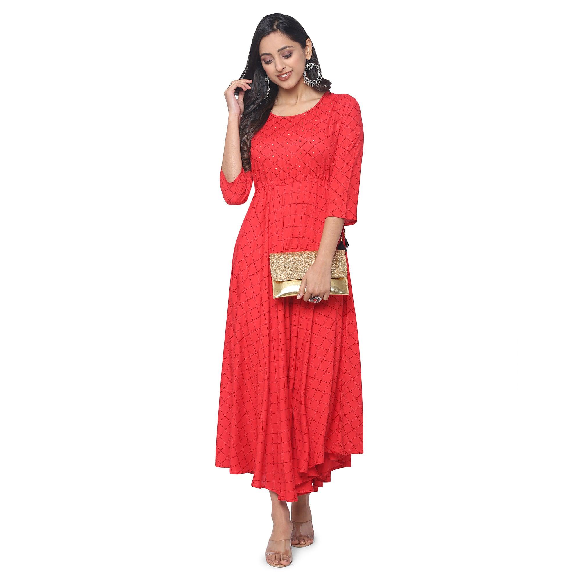 Red Casual Wear Checks Printed Rayon Long Kurti - Peachmode