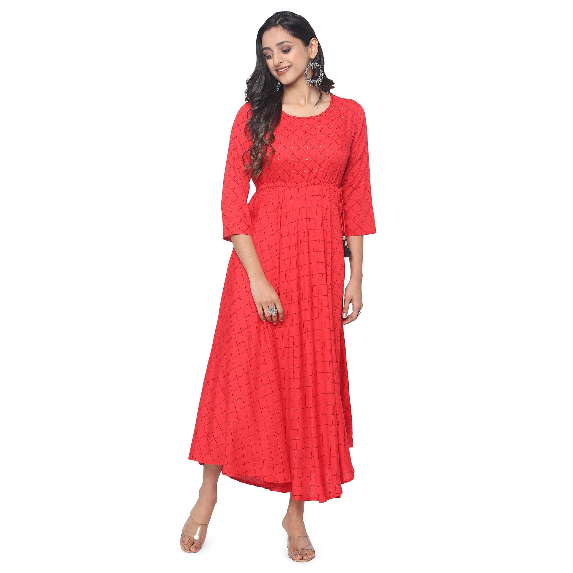 Red Casual Wear Checks Printed Rayon Long Kurti - Peachmode