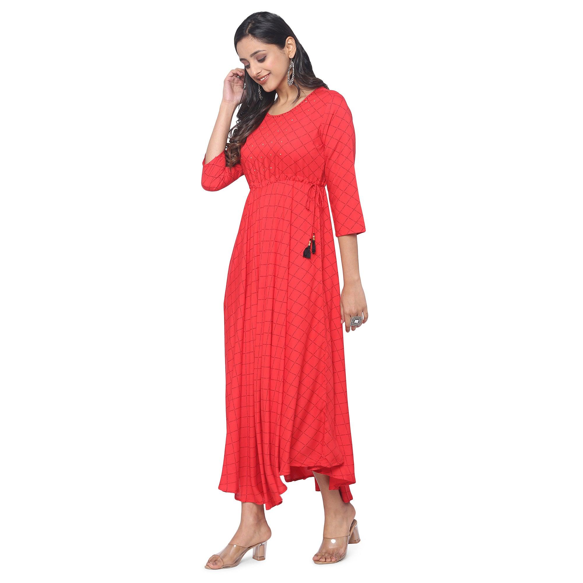 Red Casual Wear Checks Printed Rayon Long Kurti - Peachmode