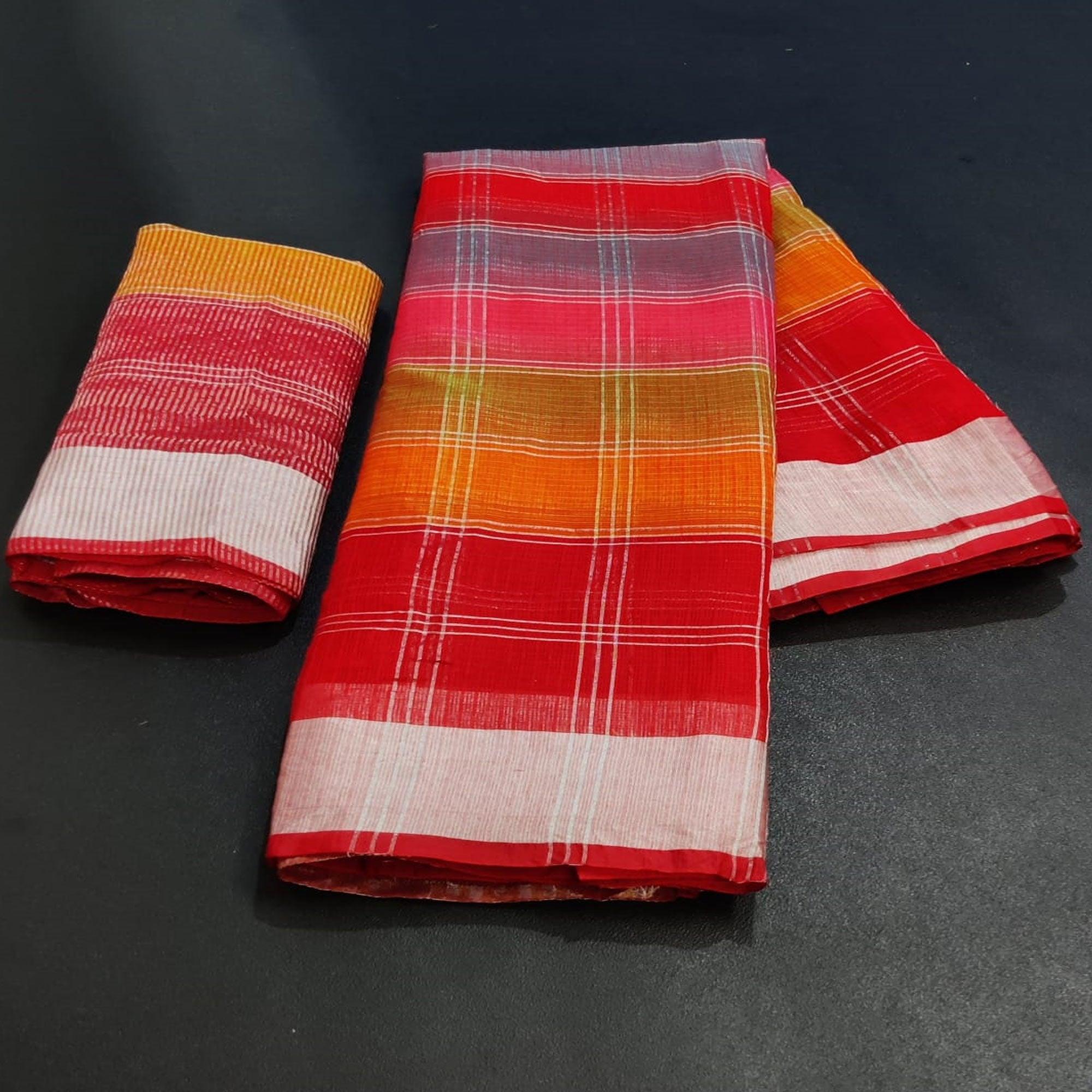Red Casual Wear Checks Printed Silk Saree With Border - Peachmode