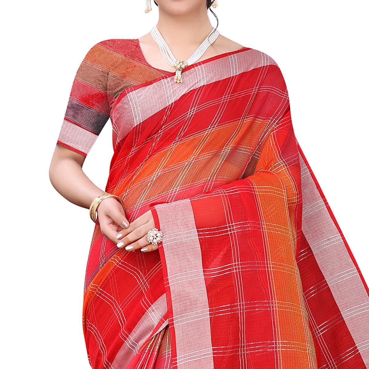 Red Casual Wear Checks Printed Silk Saree With Border - Peachmode