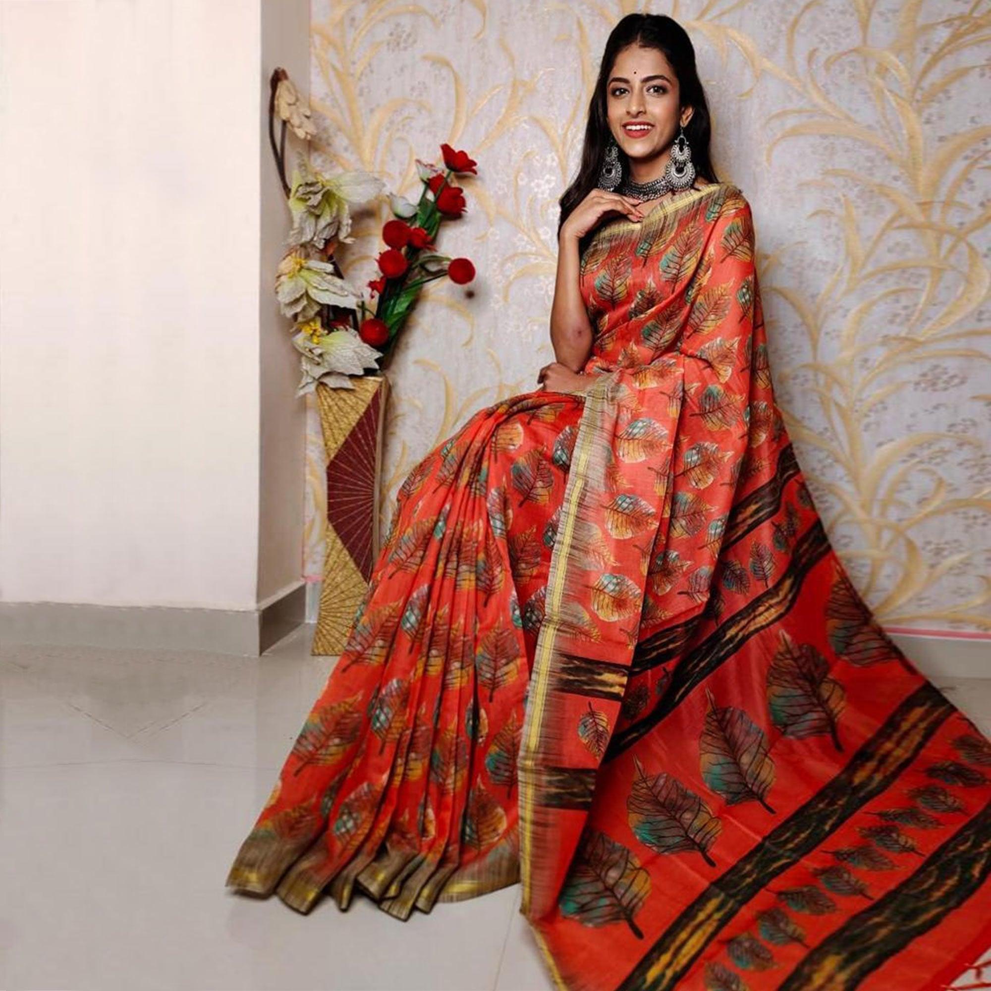 Red Casual Wear Digital Printed Chanderi Silk Saree - Peachmode