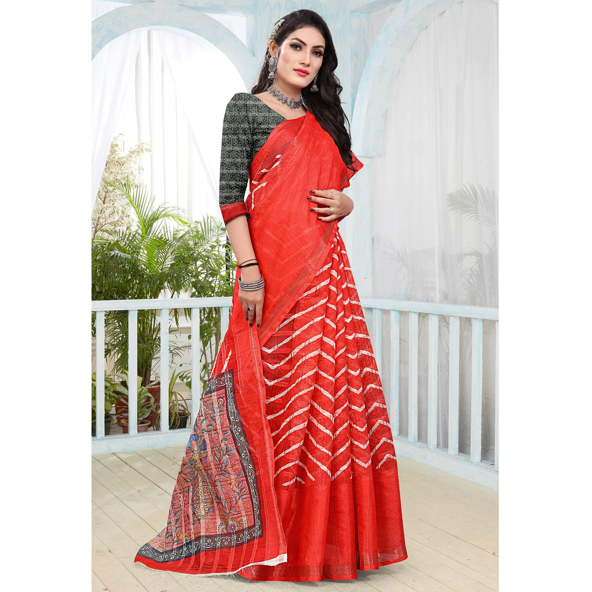 Red Casual Wear Digital Printed Cotton Silk Saree - Peachmode